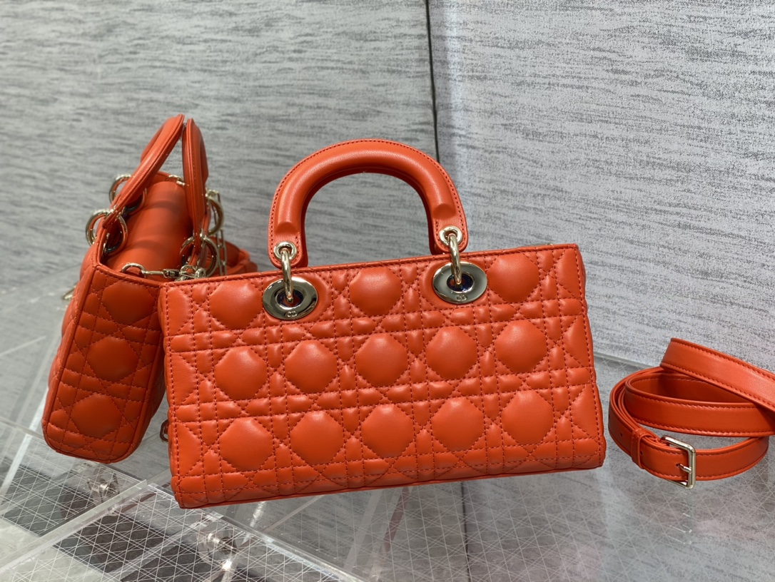 Medium Lady D-Joy Bag Orange Cannage Lambskin